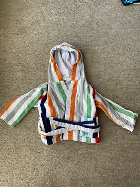Pottery Barn Kids Hooded Terry Robe in White with Orange and Green Accents
